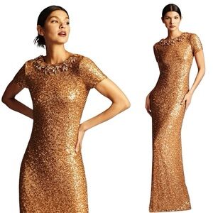 Sachin + Babi Sequined Formal Gown Size 2 Elegant Gold Column Gown Rhinestones